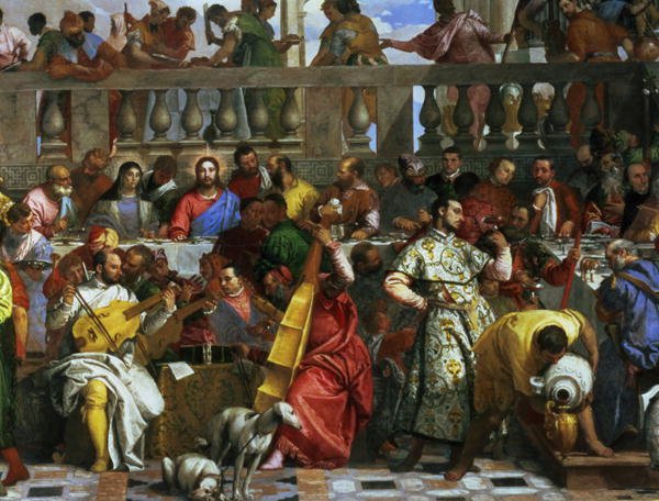 The Marriage Feast at Cana, detail of musicians and dogs, c.1562