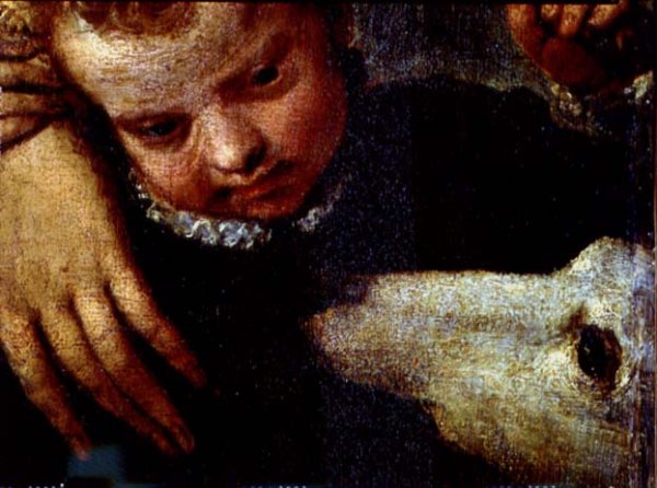 Portrait of a Woman with a Child and a Dog, detail of the heads of the child and the dog